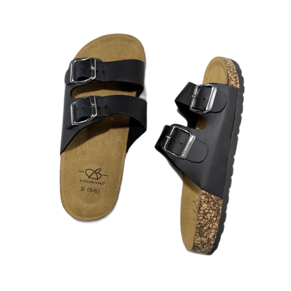 Bobbiesbrook Black Double Buckle Slide Sandals Women’s Size S 5/6